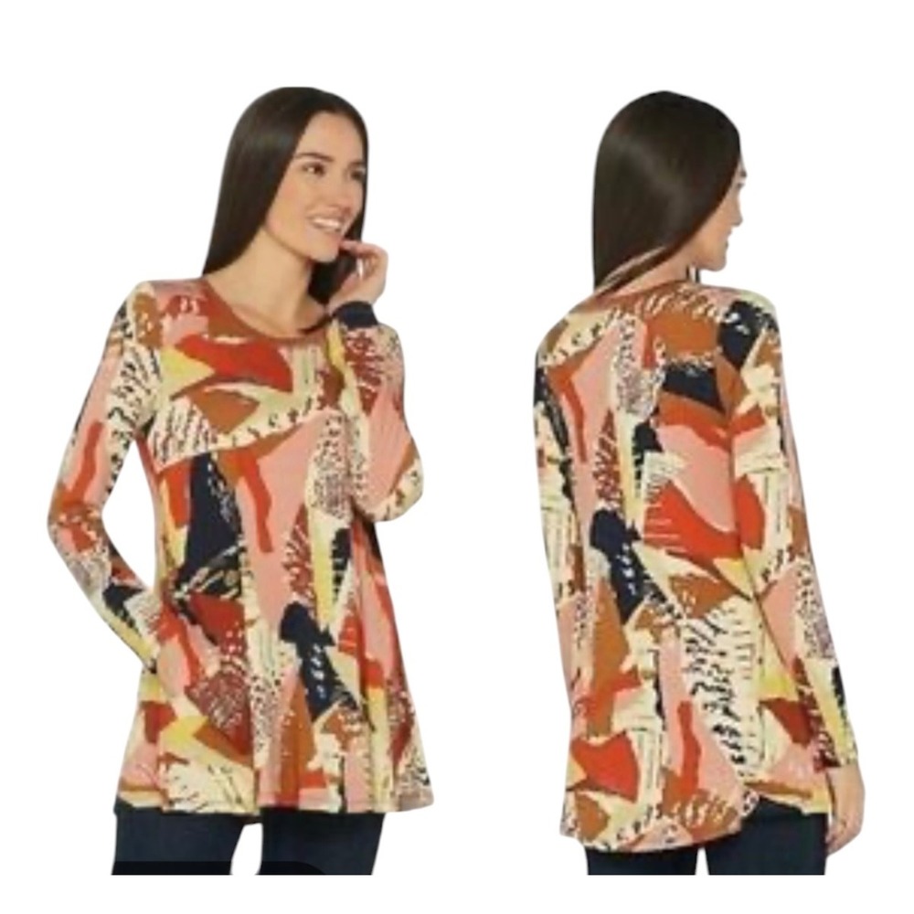 LOGO Lori Goldstein Womens Small Abstract Geometric Print Tunic Top Art To Wear
